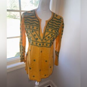 Madison Mathews Marigold Blue Embroidered Tunic Dress size M 100% Cotton